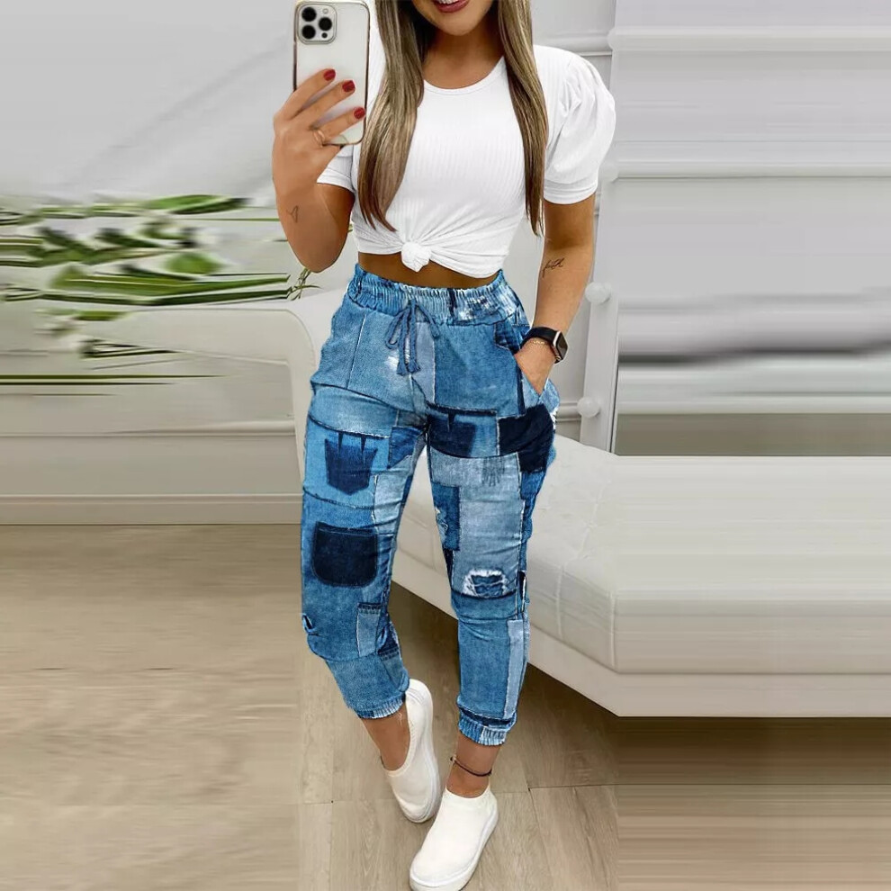 (Light Blue, XXXL = 16) Women Camo Leopard Print Crop Tops Shirt Leggings Pencil Pants Tracksuit Set 16