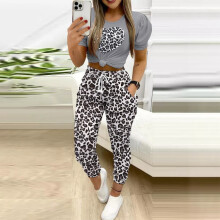(Leopard, M = 8) Women Camo Leopard Print Crop Tops Shirt Leggings Pencil Pants Tracksuit Set 16