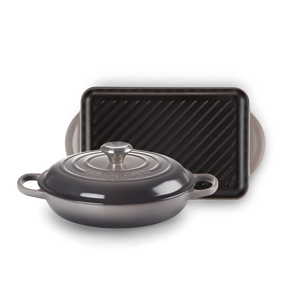 Le Creuset Cast Iron 2 piece set, comprises a Signature 26cm Shallow Casserole with a Signature 32cm Rectangular Grill, Flint