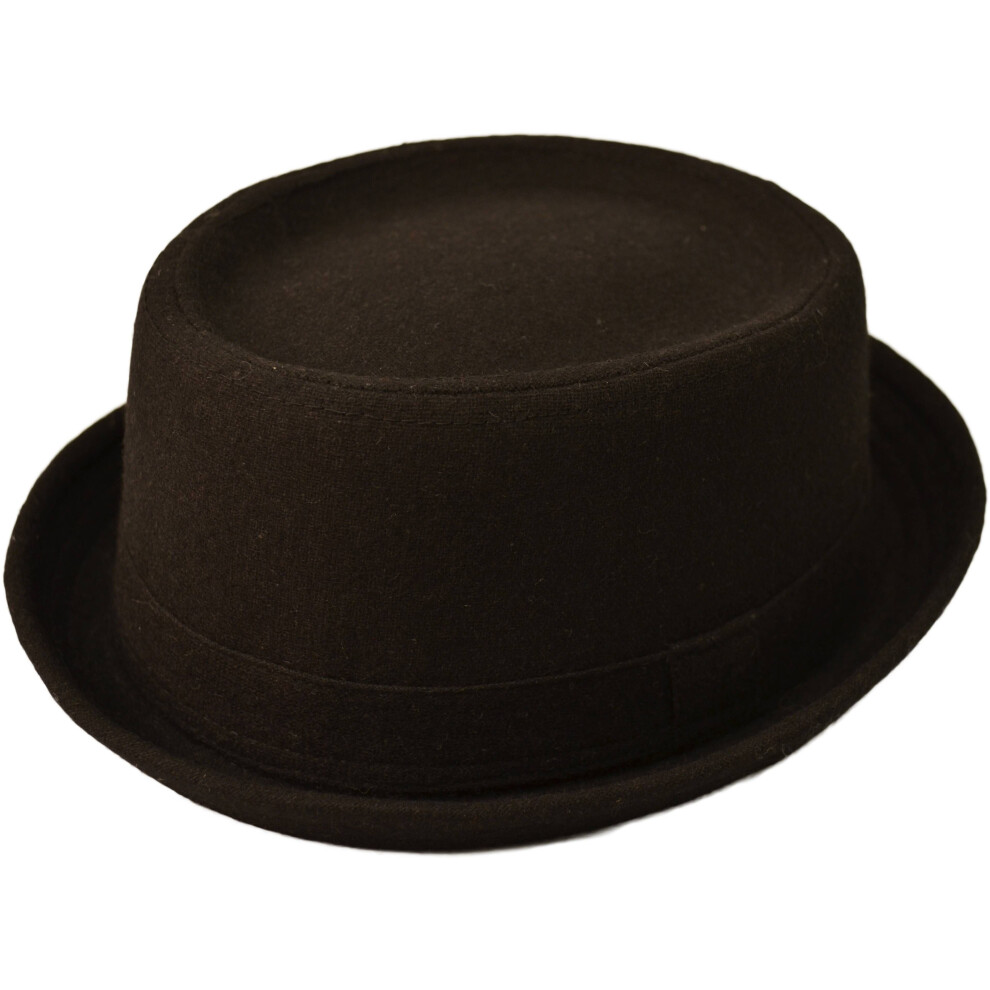 (Black, L/XL) Pork Pie Hat- Wool Blend Round Handmade Hat