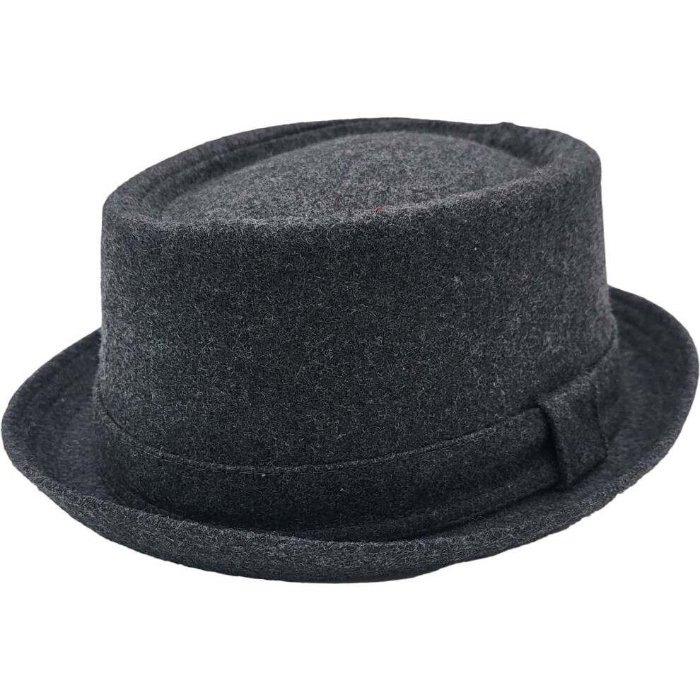 (Grey, L/XL) Pork Pie Hat- Wool Blend Round Handmade Hat