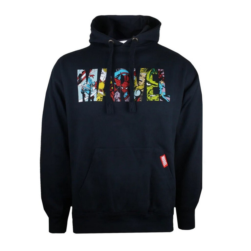 (M, Navy) Marvel Mens Characters Logo Hoodie