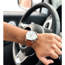 Hugo Boss Men's Watch 1513475 Grand Prix Chronograph Brown Leather White Dial Silver Case