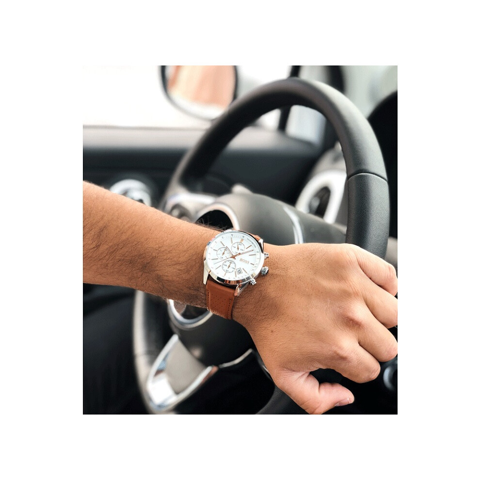 Hugo Boss Men's Watch 1513475 Brown Leather White Dial Silver Case
