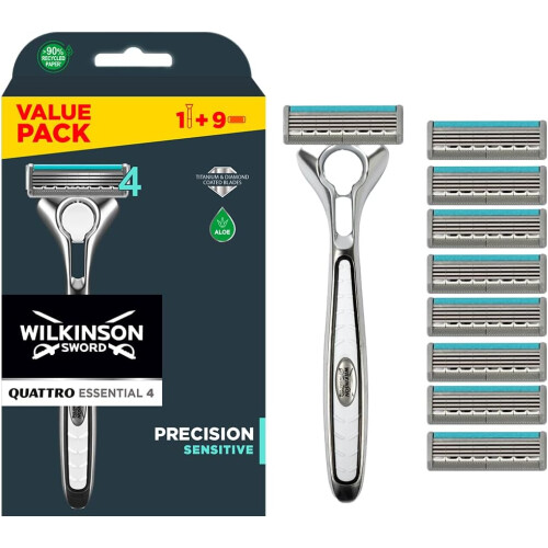 Wilkinson Sword WILKINSON SWORD - Quattro Titanium For Men | Sensitive Comfort | Razor Handle + 9 Blade Refills