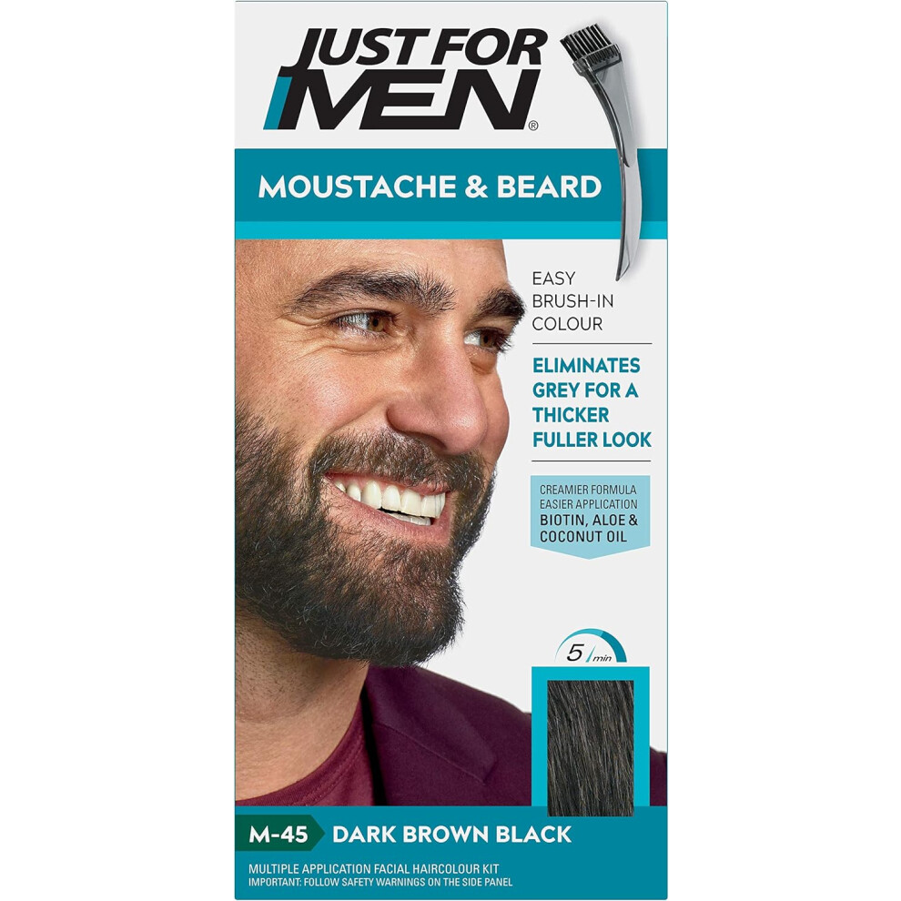 Just For Men Moustache & Beard M45  Dark Brown Black Dye Eliminates Grey For a Thicker  Fuller Look With An Applicator Brush Included  M45