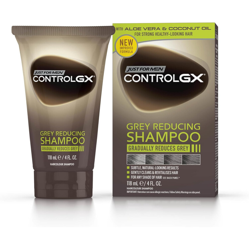 Just For Men Control GX Grey Reducing Shampoo For Grey Hair With Coconut Oil & Aloe Vera New Improved Formula All Shades, 118ml, packaging may vary