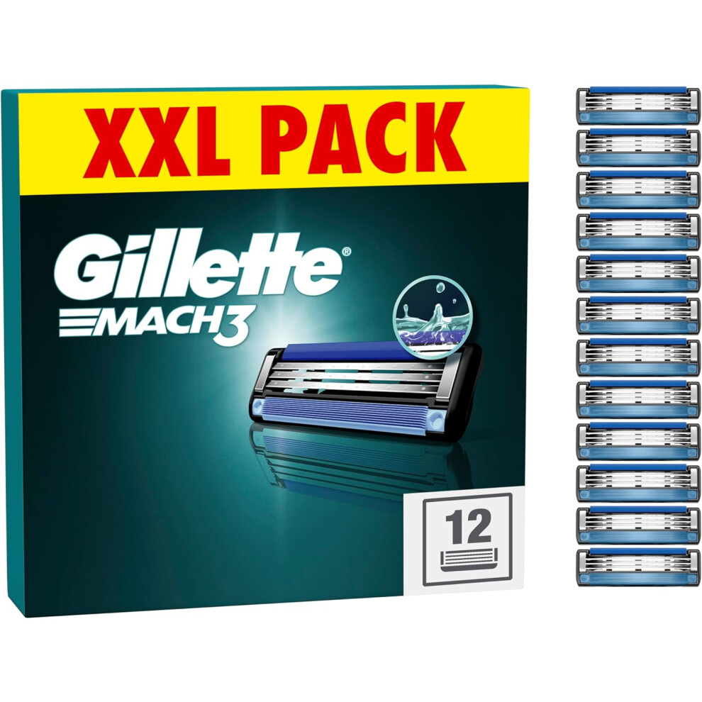 Gillette Mach3 Razor Blades Men, Pack of 12 Razor Blade Refills, Stronger Than Steel Blades, Enhanced Lubrastrip, XXL, Packaging May Vary