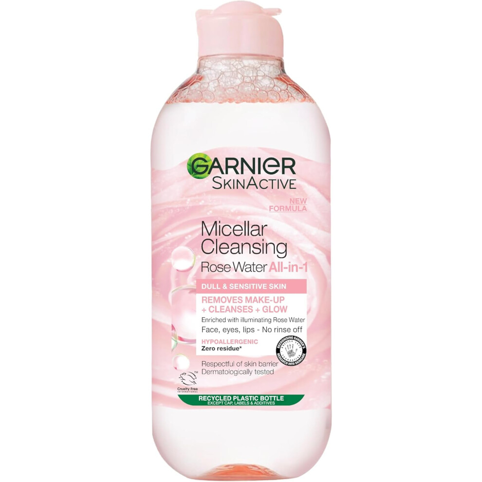 Garnier Micellar Rose Water For Dull Skin 400 ml Glow Boosting Face Cleanser Makeup Remover Recognised By  British Skin Use Micellar Eco Pads