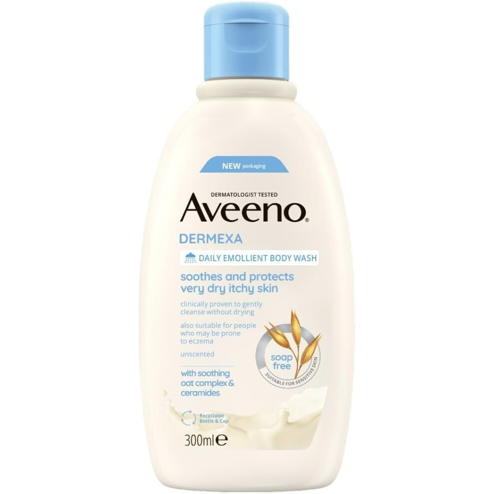 Aveeno Dermexa Daily Emollient Body Wash, Gently cleanses and Soothes, For Very Dry Itchy Also Eczema Prone Skin, 300 ml(Packaging may vary)