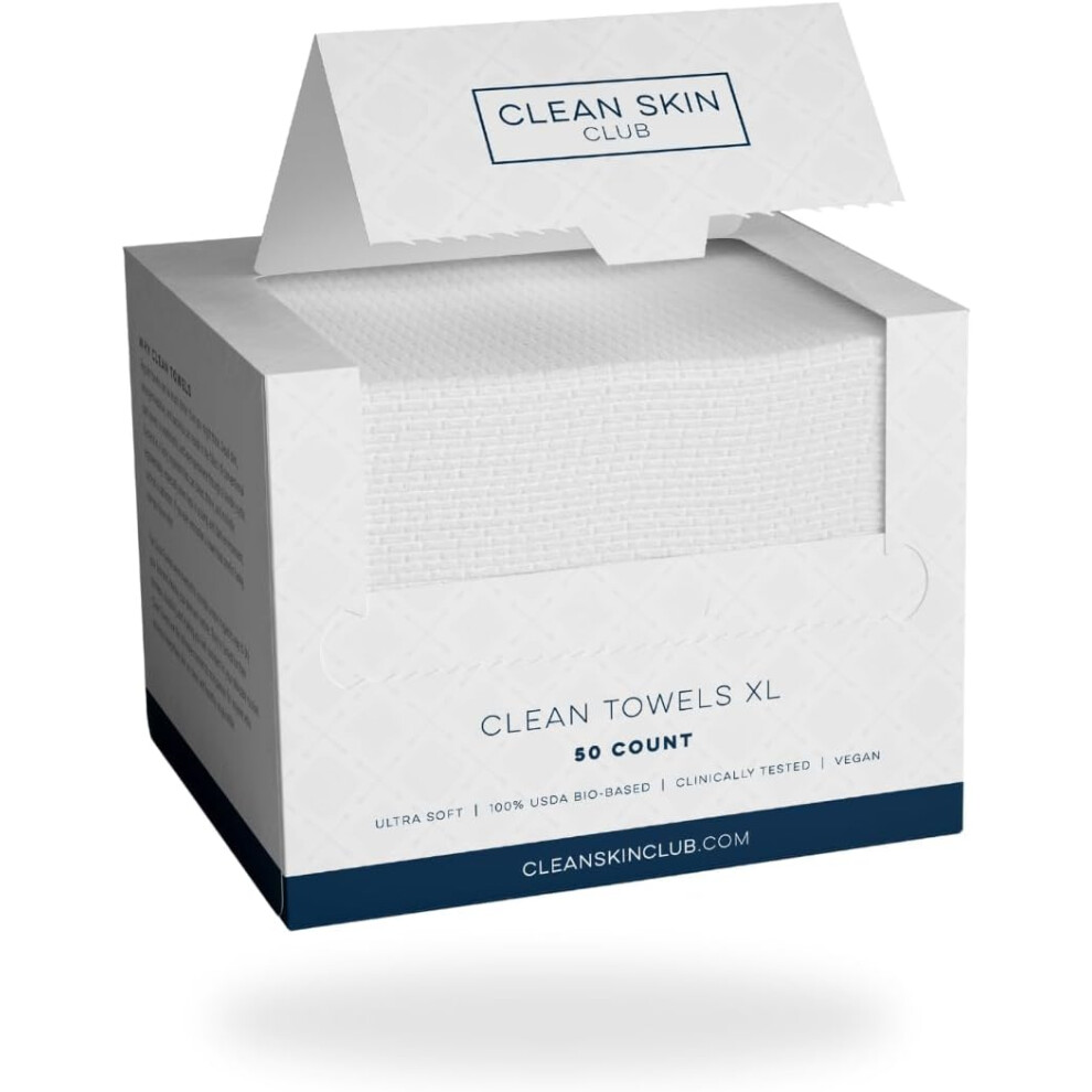 Clean Skin Club Clean Towels XL, 100% USDA Biobased Face Towel, Disposable Face Towelette, Makeup Remover Dry Wipes, Ultra Soft, 50 Ct, 1 Pack