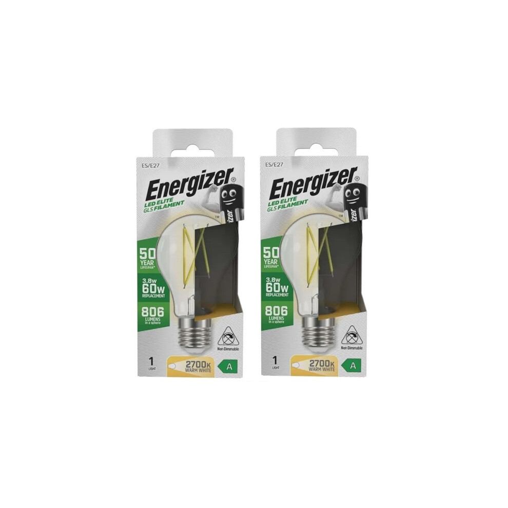 Energizer A Rated LED Elite GLS E27 806lm 3.8W 2700K Warm White Pack of 2