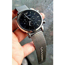 Emporio Armani AR1811 Luigi Silver Mesh Strap, Black Dial, Silver Case