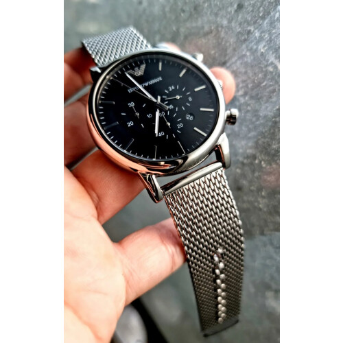 Armani Emporio Armani AR1811 Luigi Silver Mesh Strap, Black Dial, Silver Case