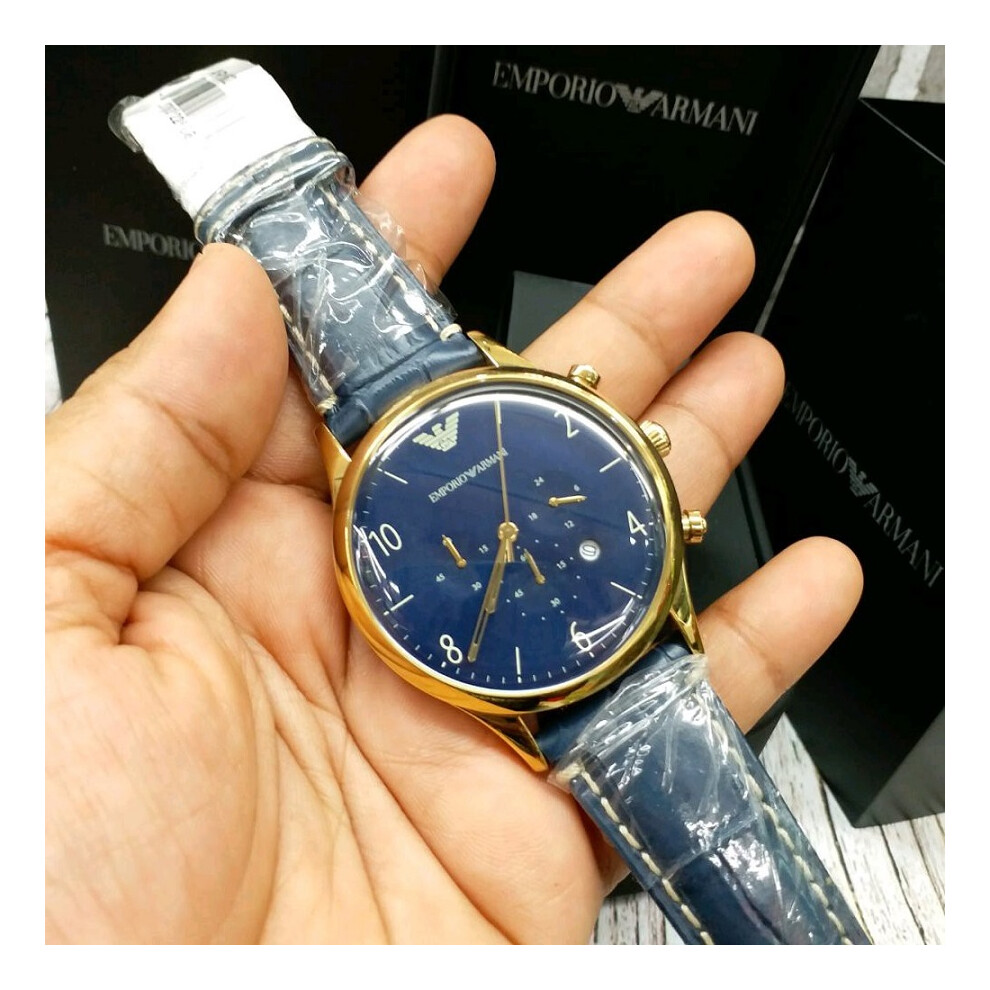 Emporio Armani Men's Watch Blue Strap Blue Dial AR1862 Gold Case