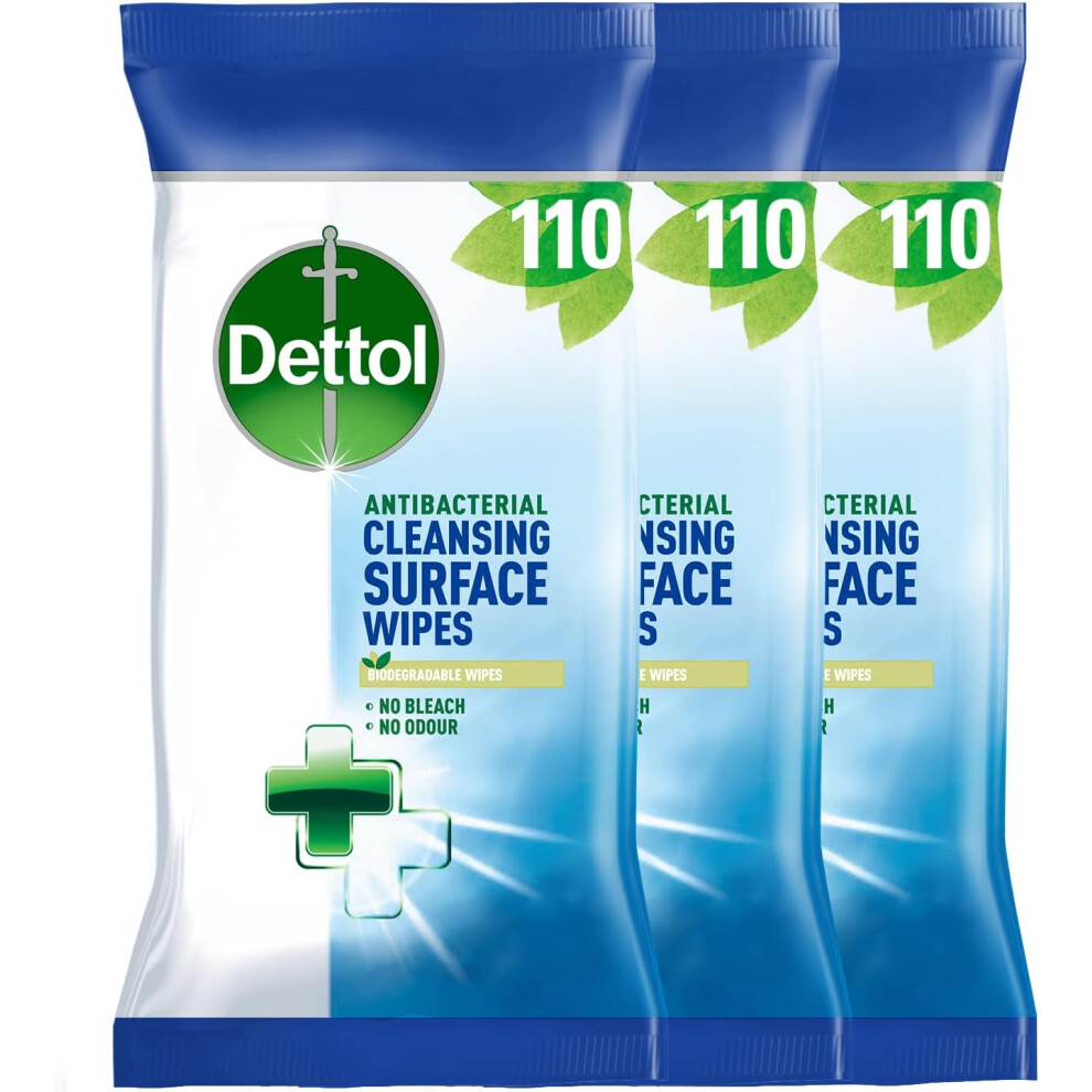 Dettol Antibacterial Cleaning Wipes ,Total 330 Wipes (3 Packs X 110) Kitchen Wipes Disinfectant Wipes Biodegradable Wipes ,Kitchen Cleaner Floor