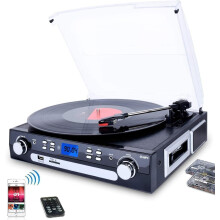 (Black) Vinyl Player, Bluetooth Turntable with Stereo Speakers, Vinyl to MP3 Turntable with Tape Playback, AM/FM Radio, Remote Control, USB/SD Encoding