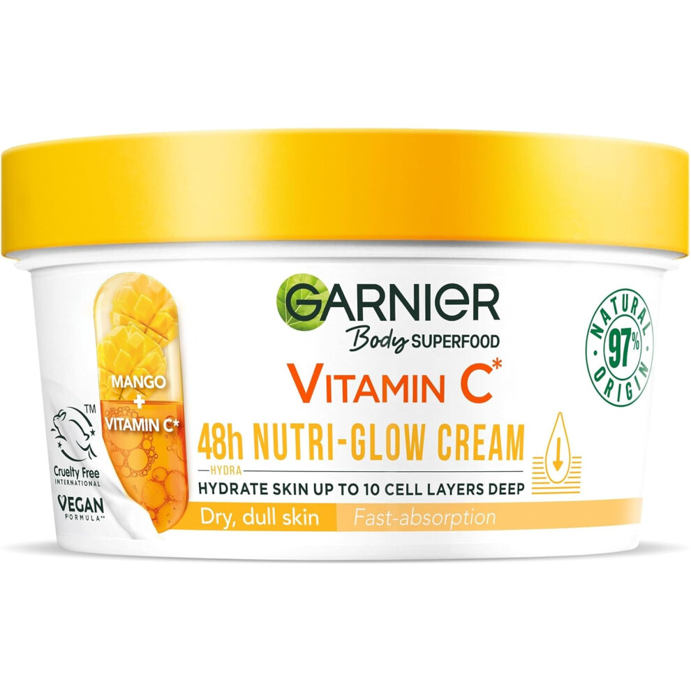 Garnier Body Superfood Body Cream Vitamin C & Mango or Dry & Dull Skin Brightening & Glowing Nourishing & Fast Absorbing Vegan Formula 300ml