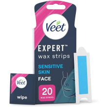Veet Expert Sensitive Waxing Strips, 20 Cold Wax Strips + 4 Finish Wipes, Eyebrow Waxing Strips, Facial Wax Strips Face Wax Strips For Sensitive Skin