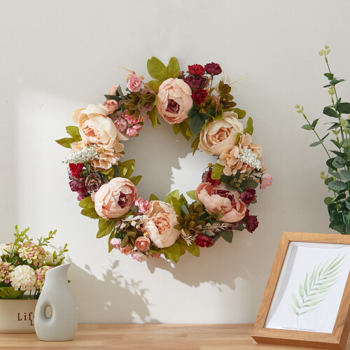 Living And Home 45cm Artificial Peony Mixed Flowers Wreath with Rattan Base