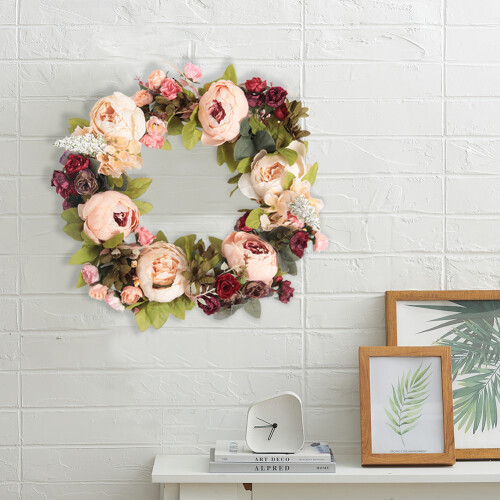 Living And Home 45cm Artificial Peony Mixed Flowers Wreath with Rattan Base 1