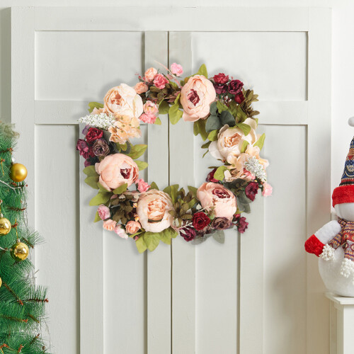 Living And Home 45cm Artificial Peony Mixed Flowers Wreath with Rattan Base 2