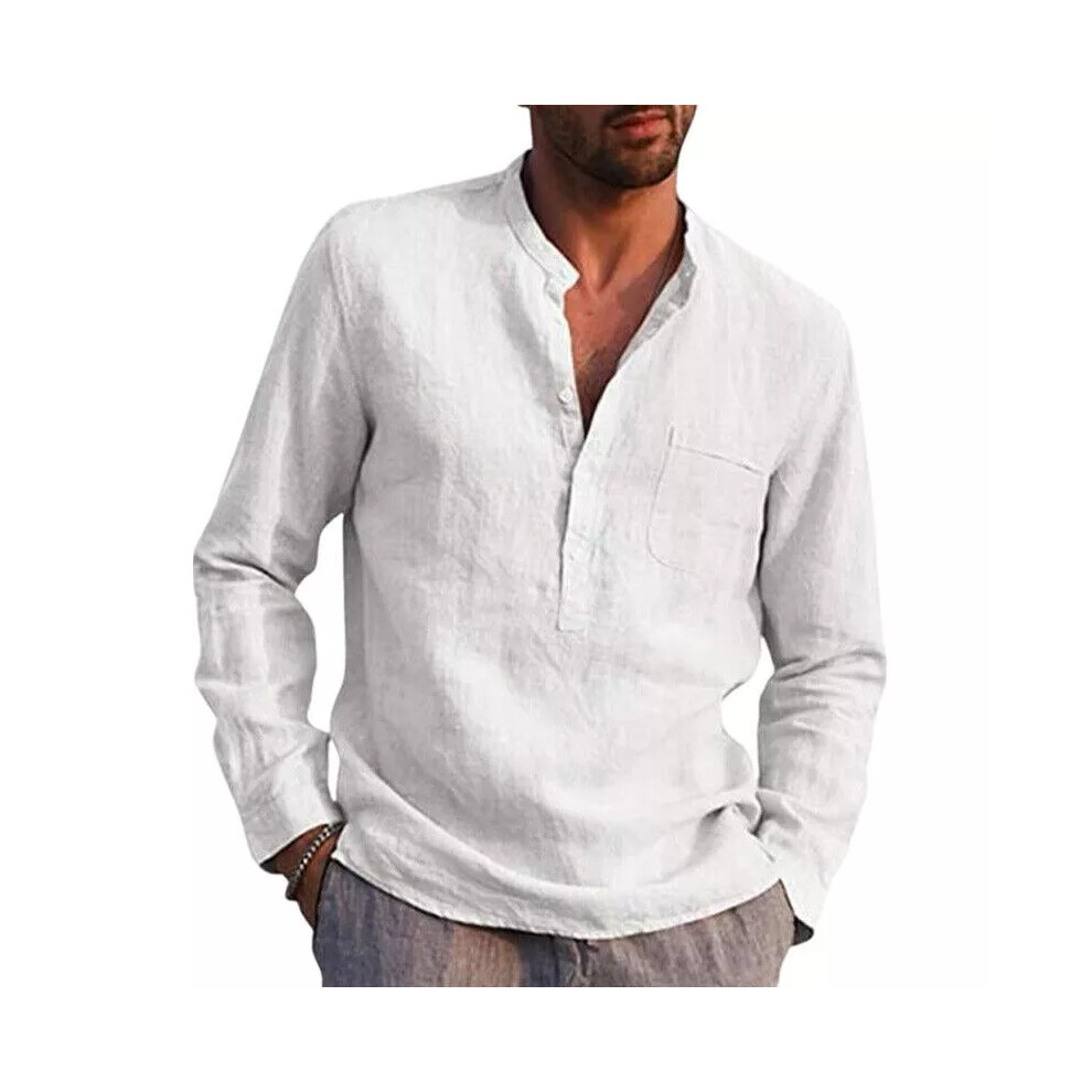 (White, M) Mens Cotton Linen Long Sleeve Henley Shirt Casual Baggy Button-up Tops T Shirt