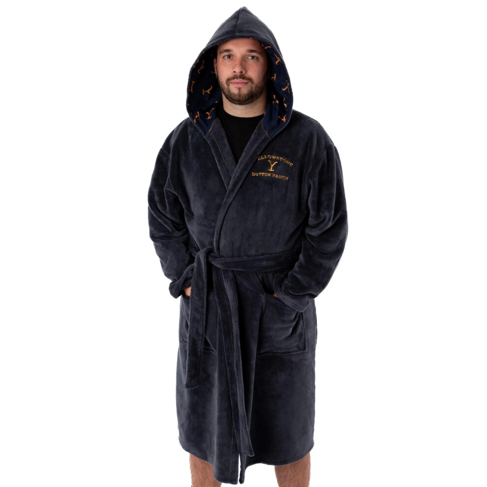 (L, Navy Blue) Yellowstone Mens Dutton Ranch Hooded Robe