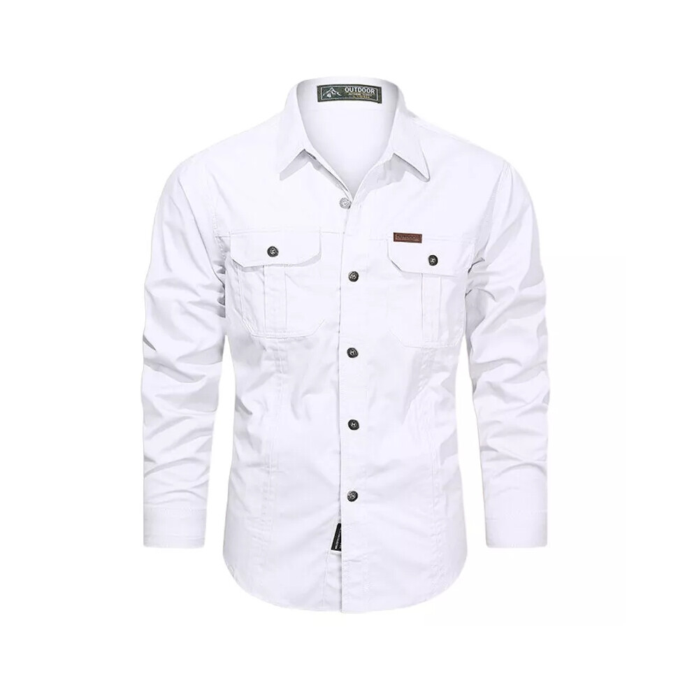 (White, UK Size L=Tag Size 2XL) Men Tops Long Sleeve Cargo Shirt Mens Lapel Neck Hiking Casual Single Breated