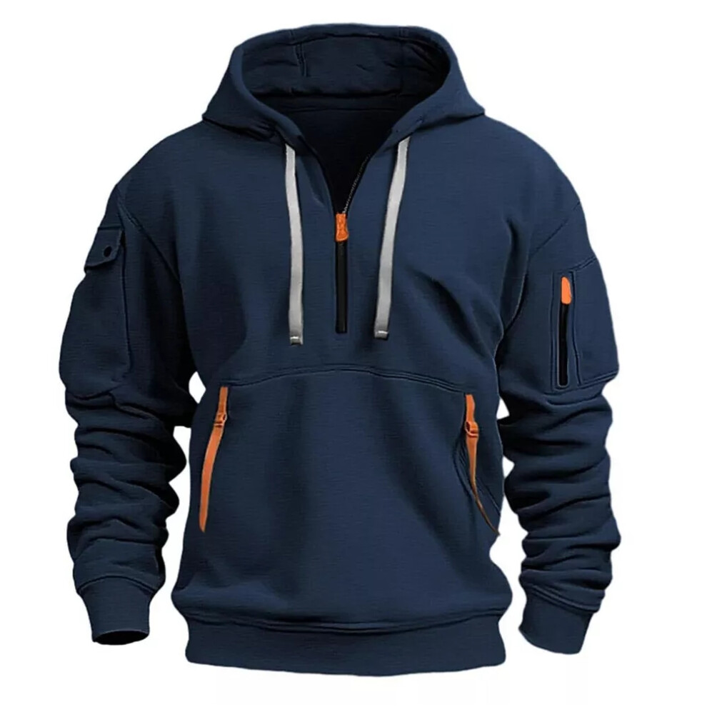 (Navy, 3XL) Retro Men Sweatshirt Winter Work Half Zip Up Jumper Hoodie Hooded Jacket Coat