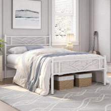 (White) Single Metal Bed Frame Slatted Headboard Bedroom