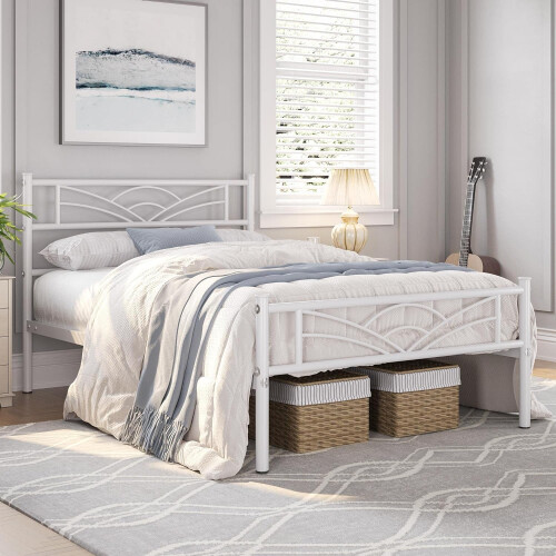 (White) Single Metal Bed Frame Slatted Headboard Bedroom