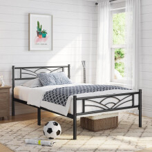 (Black) Single Metal Bed Frame Slatted Headboard Bedroom