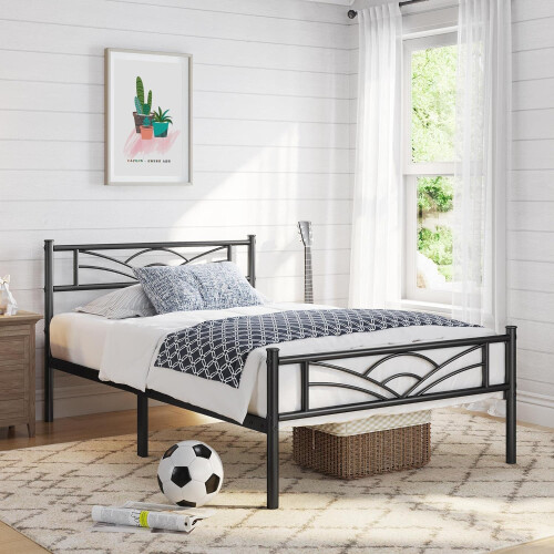 (Black) Single Metal Bed Frame Slatted Headboard Bedroom