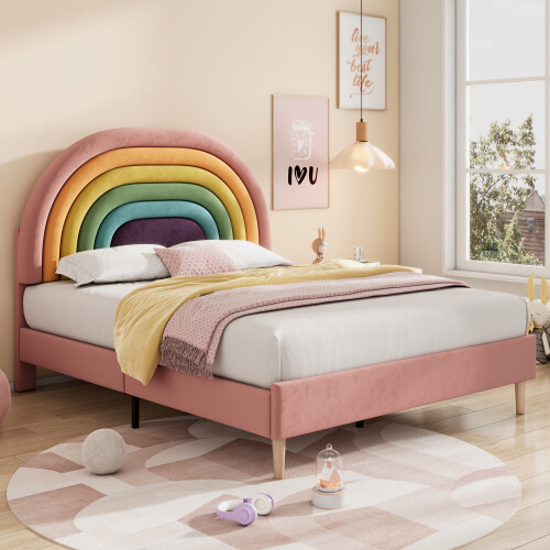 (135*190 cm) Upholstered Bed with Slatted Frame and Headboard