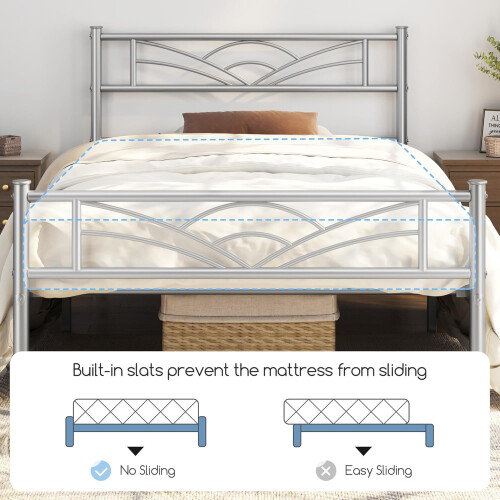 (Silver) Single Metal Bed Frame Slatted Headboard Bedroom 2