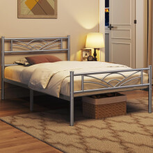 (Silver) Single Metal Bed Frame Slatted Headboard Bedroom