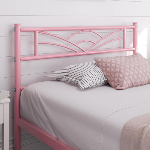 (Pink) Single Metal Bed Frame Slatted Headboard Bedroom 2