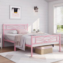(Pink) Single Metal Bed Frame Slatted Headboard Bedroom