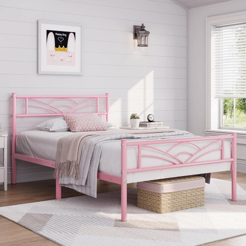(Pink) Single Metal Bed Frame Slatted Headboard Bedroom
