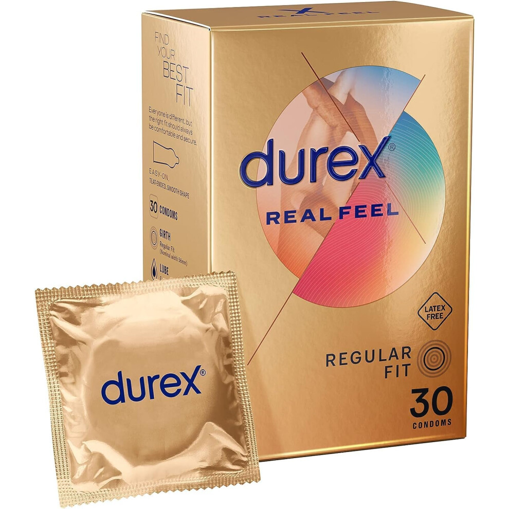 Durex Real Feel Condoms, Regular Fit, 30s, Latex Free, Extra Silicone Lube, Easy On Shape