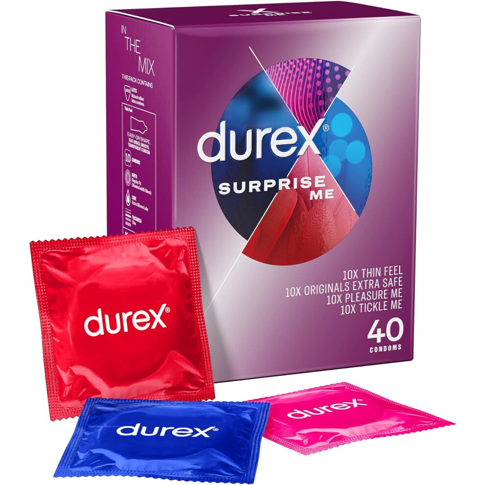 Durex Surprise Me Condoms, 40s, Variety Pack, Thin Feel, Originals Extra Safe, Pleasure Me, Tickle Me, Easy On Shape, Teat Ended