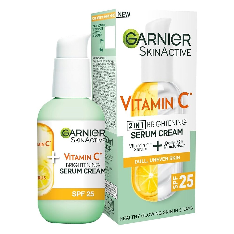Garnier Vitamin C Serum Cream 2in1 Formula With 20% Vitamin C serum & 25 Moisturiser Hydrate Reveal Bright Glowing Skin Organic & Vegan Formula 50ml