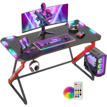 (120 x 60 cm, Carbon Black) Gaming Desk with LED Armor - 100x60 cm Ergonomic Computer Desk Esport Gamer Table, Carbon Fiber Z Frame Solide Stable, Easy to Assemble