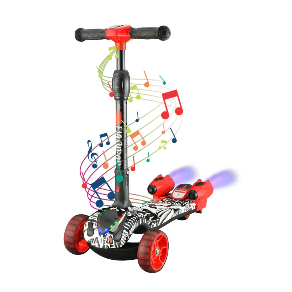 (Red/Black Camo) 3 Wheel Kids Scooter Foldable Steam Sprayer Kick Scooters Bluetooth Flashing LED