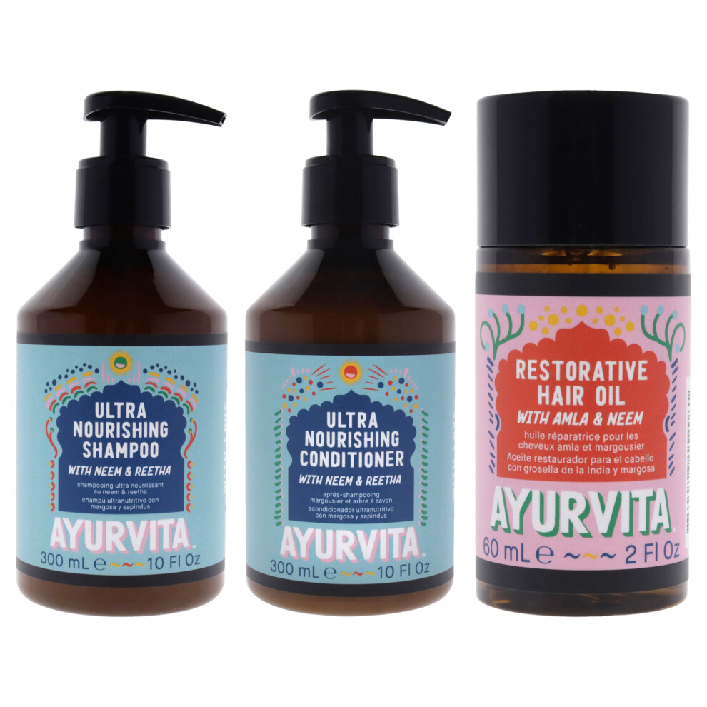 Neem and Reetha Ultra Nourishing Conditioner and Shampoo with Amla and Neem Restorative Hair Oil Kit by AyurVita for Unisex - 3 Pc Kit 10oz Conditione