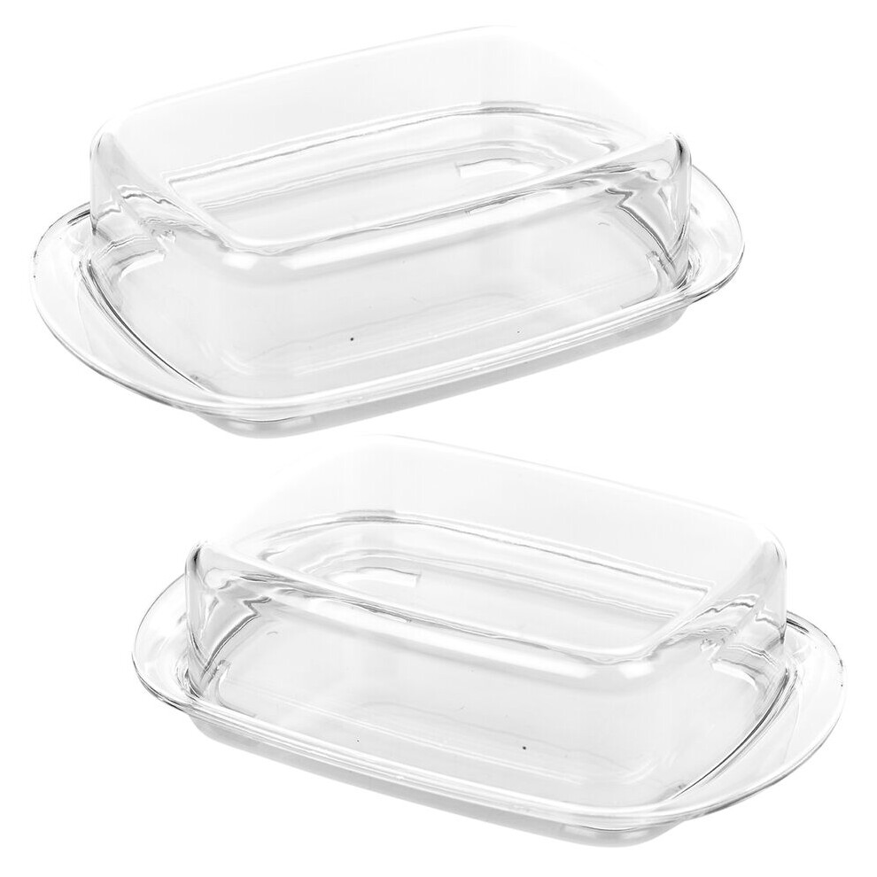 (2 Dish) Butter Cheese Dish Holder Storage Tray Clear Plastic Serving with Lid