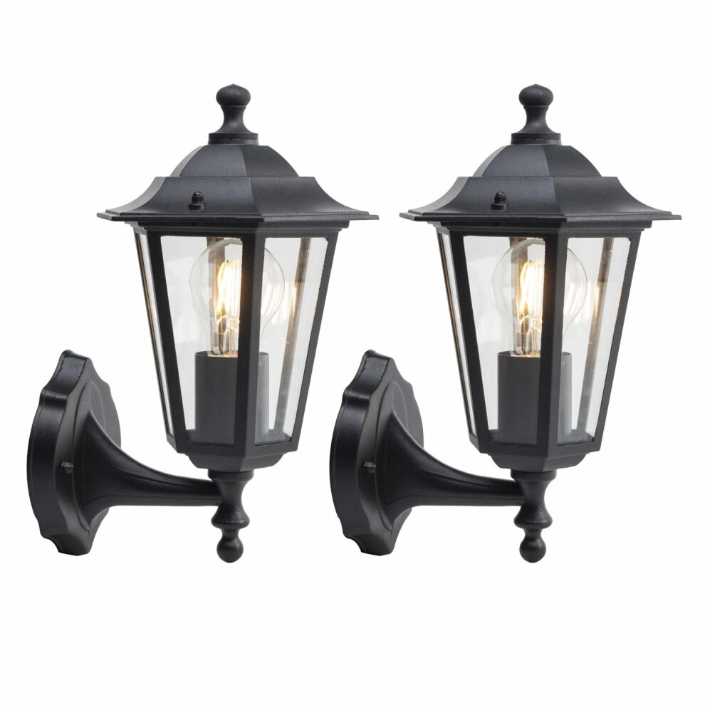 Set of 2 Eversham - Black with Clear Glass Six Sided Lantern IP44 Outdoor Wall Lights