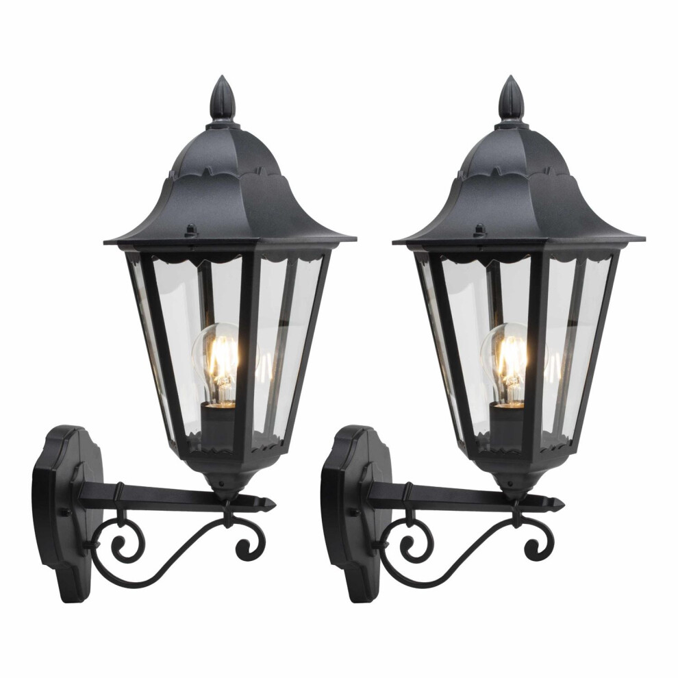 Set of 2 Mansfield - Black with Clear Glass Six Sided Lantern IP44 Outdoor Wall Lights-image-OPC-PF2T5X8-NEW