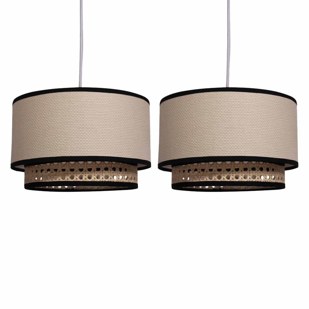 Set of 2 Koral - Natural Rattan and Cane 25 cm Easy Fit Two Tier Pendant Shades